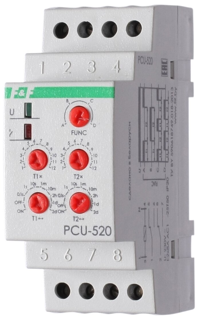 Реле времени F&F PCU-520, 2 независимые выдержки времени EA02.001.012