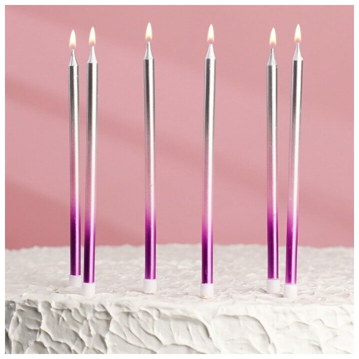 Страна Карнавалия Свечи в торт "Ройс. Градиент", 6 шт, высокие, 13 см, фиолетовый, розовый, серебро