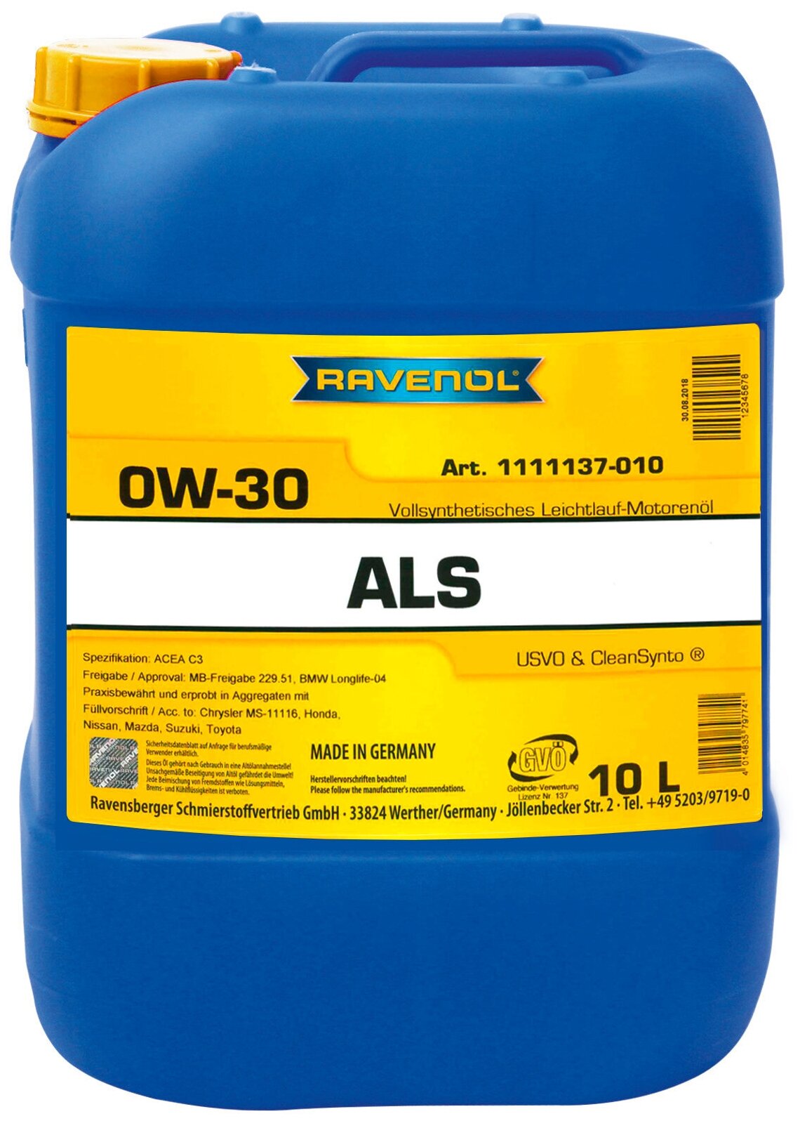 Моторное масло RAVENOL ALS 0W-30, 10 литров