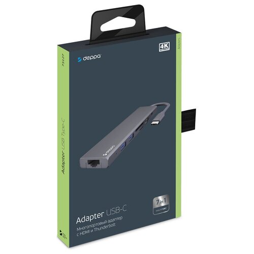 Адаптер для USB Type-C хаб, HDMI, Power, Delivery, 2 x USB 3.0, RJ45, microSD/SD, встроенный кабель,