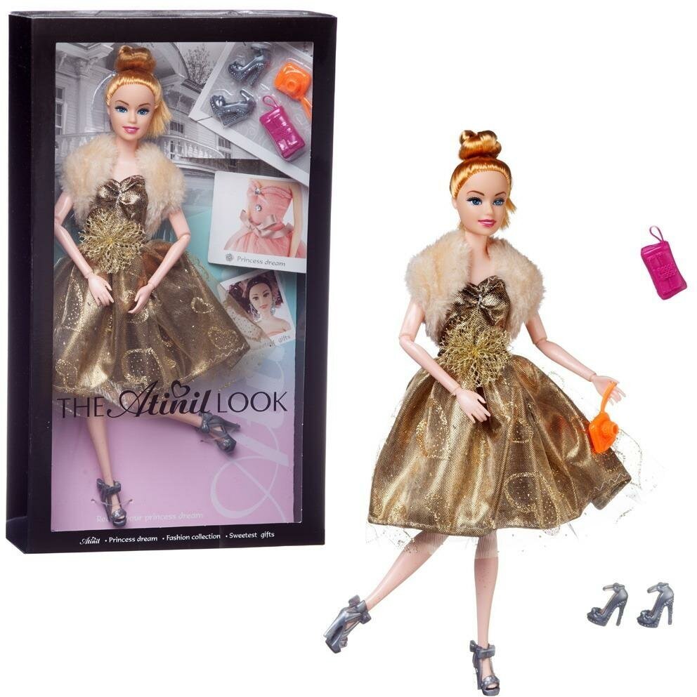 Кукла Junfa Atinil (Атинил) Модный показ (в золотом платье с меховой накидкой) в наборе с аксессуарами, 28см WJ-21561/золотое