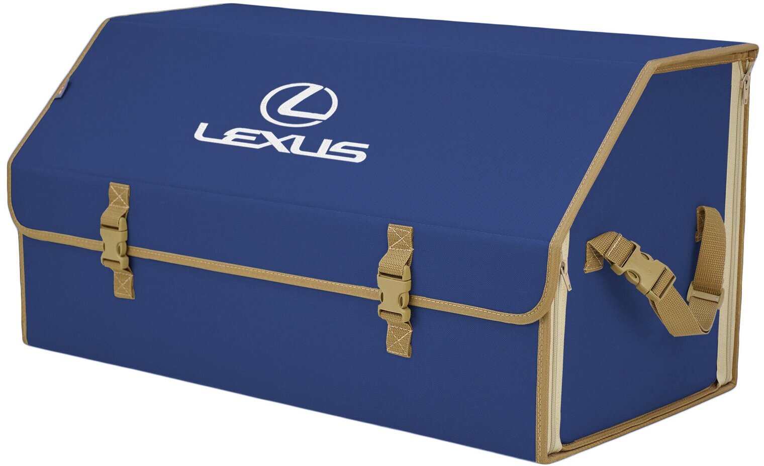 Органайзер-саквояж в багажник "Союз" (размер XL Plus). Цвет: синий с бежевой окантовкой и вышивкой Lexus (Лексус).