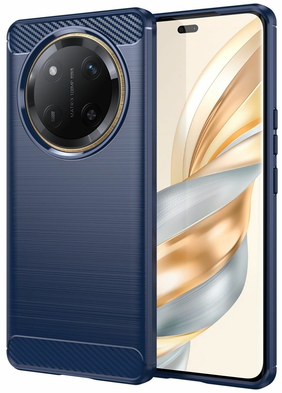 Чехол на Honor X9c силиконовый карбон сталь синий противоударный