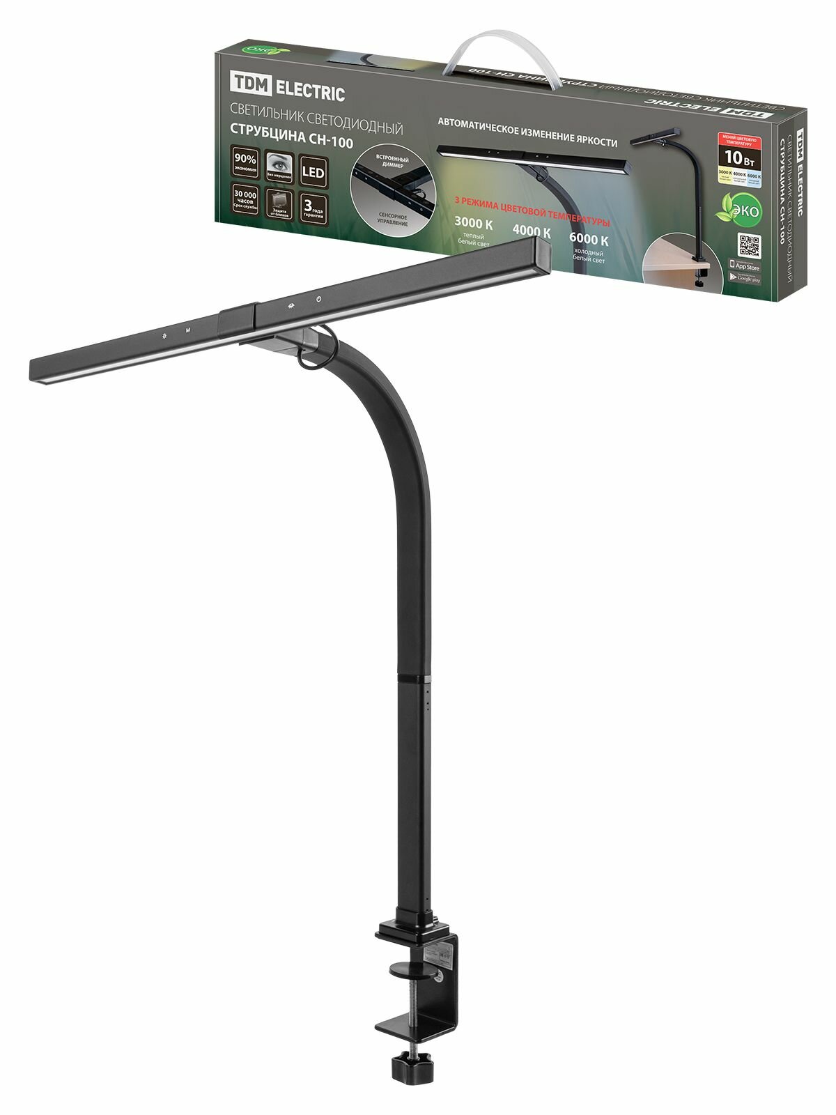 Светильник светодиод. струбцина, гибкий, сенс-димм, 10Вт, 3000-6000 К, авт. рег, черн. TDM Electric