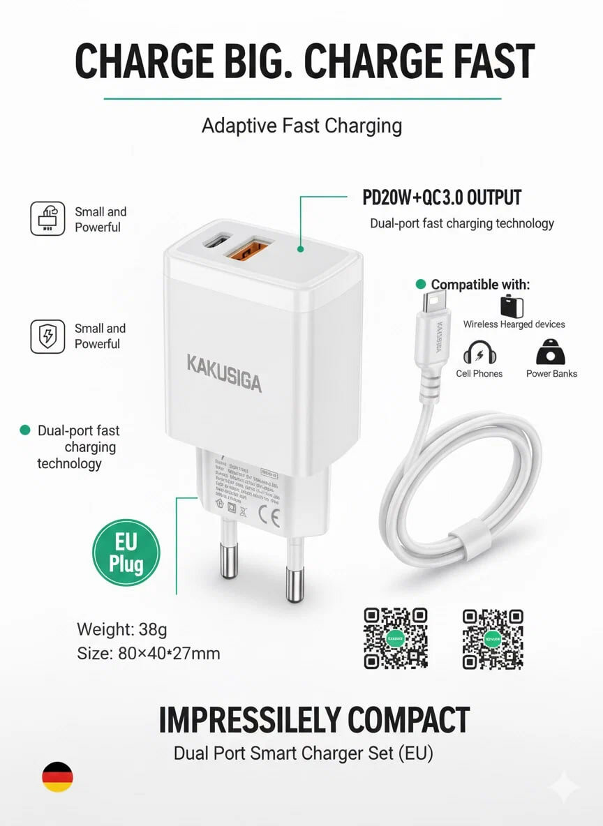 Адаптер быстрой зарядки Kakusiga PD20W, белый, с кабелем Lightning-Type-C