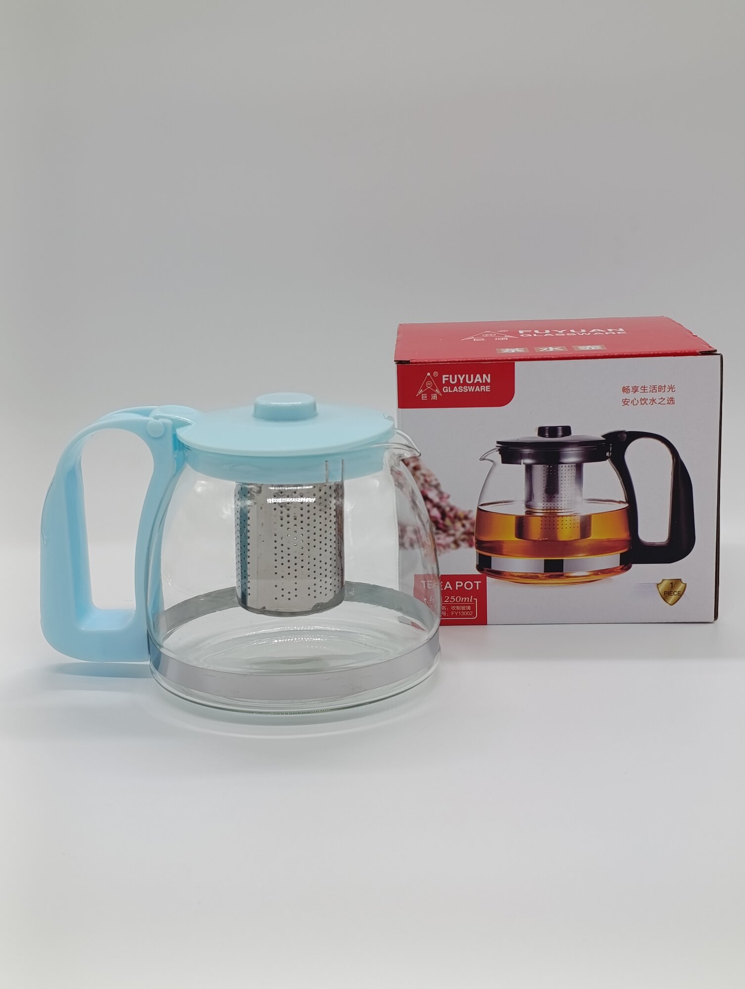 Чайник 13002, стеклянная колба, металлический фильтр, пластиковая ручка