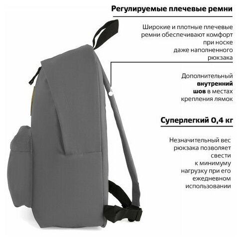 Рюкзак 41х32х14 см BRAUBERG, универсальный, сити-формат, один тон, серый, 20 литров
