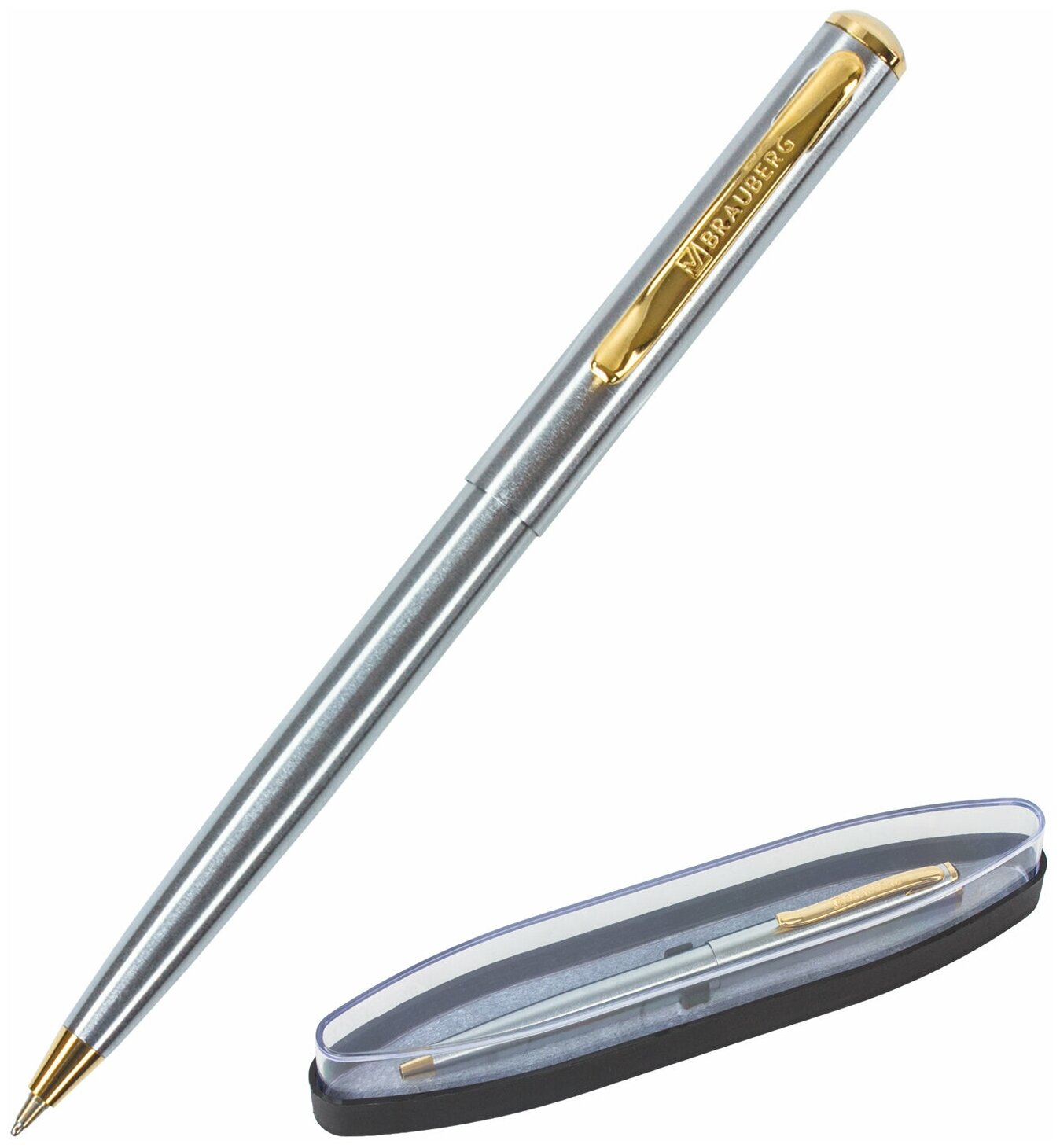 Ручка бизнес-класса шариковая Brauberg Maestro, синяя, корпус серебристый с золотистым, линия письма 0,5 мм (143468)