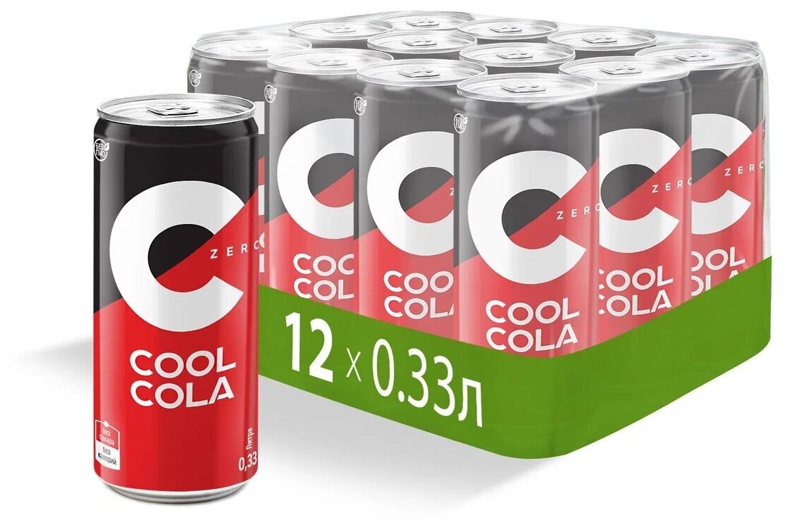 Напиток "Кул Кола без сахара" ("Cool Cola Zero") безалкогольный сильногазированный, а/б 0.33 (упаковка 12шт) - фотография № 1