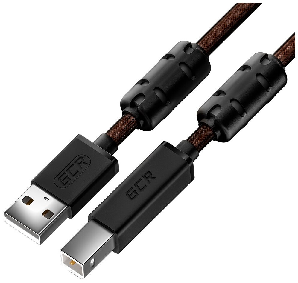 фото GCR Кабель PROF 5.0m USB 2.0, AM/BM, черно-прозрачный, ферритовые кольца, 28/24 AWG, экран, армированный, морозостойкий