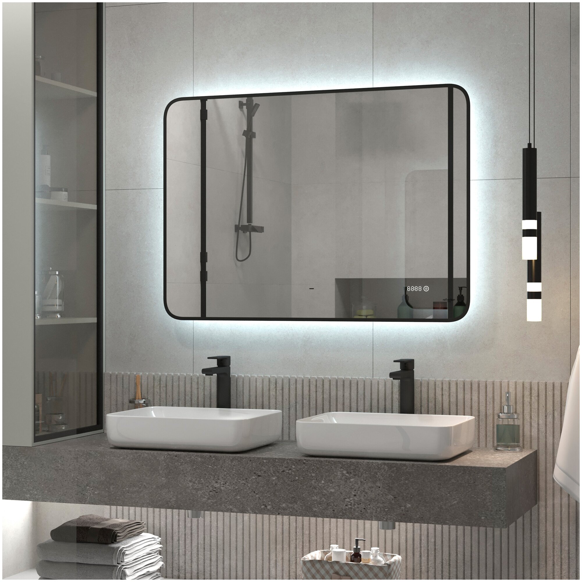 Зеркало для ванной с фоновой подсветкой, диммером и часами Reflection Black View черное 1000х700 RF4004BV