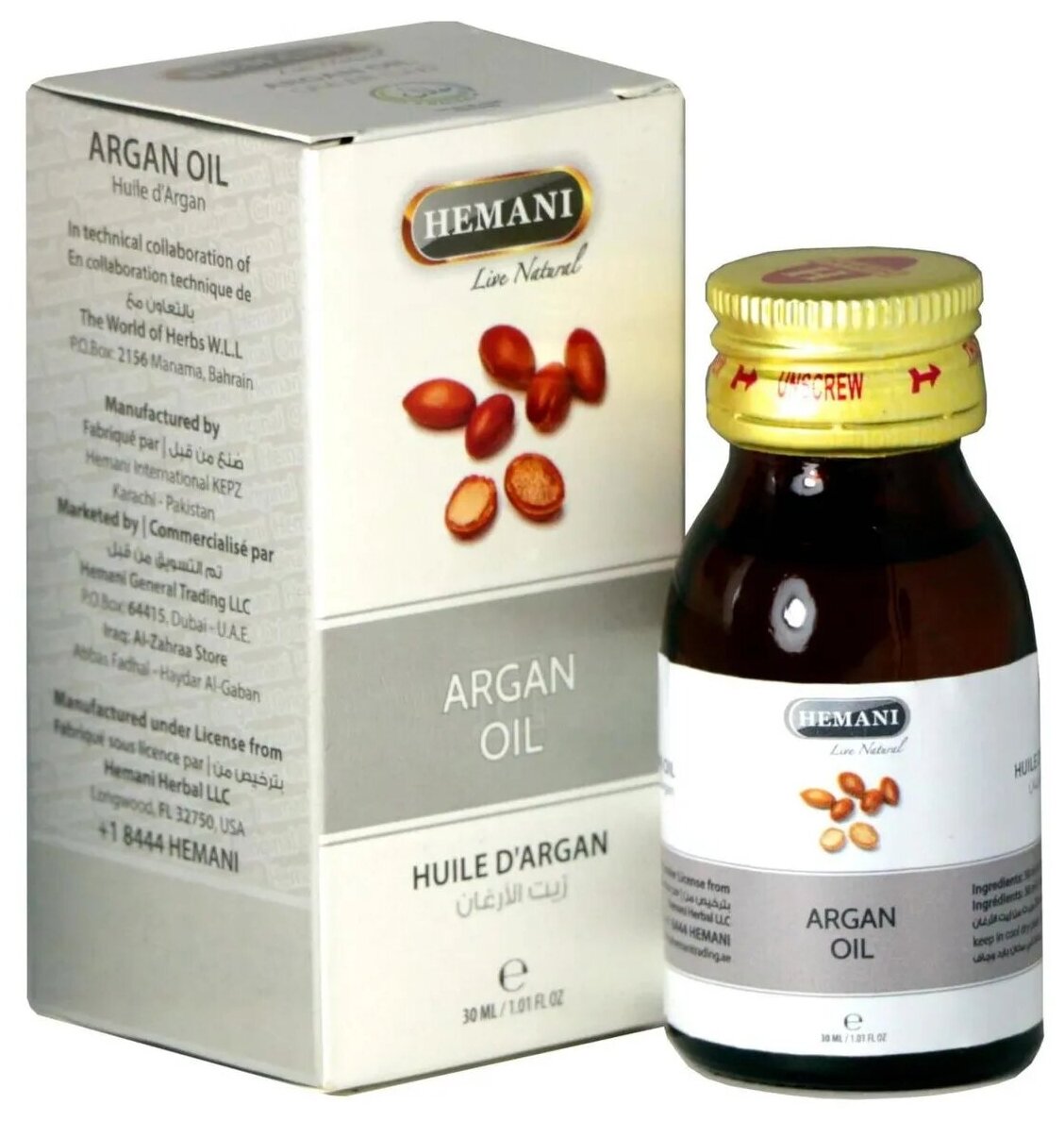 Масло Аргановое Хемани (Argan oil Hemani) для питания и увлажнения кожи, для восстановления и укрепления волос, 30 мл