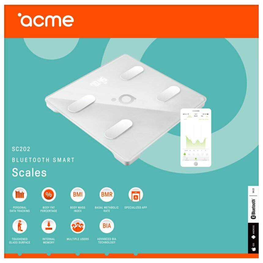 Умные весы напольные электронные диагностические BLUETOOTH SMART ACME SC202 180 кг - фотография № 6