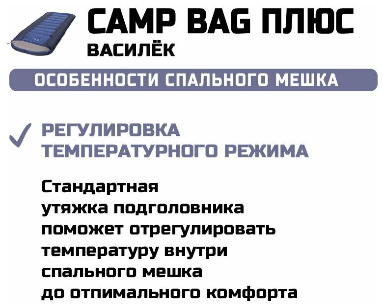 Спальный мешок одеяло Prival Camp bag плюс синий/василек, t extr -5 °С, 220х95, молния справа