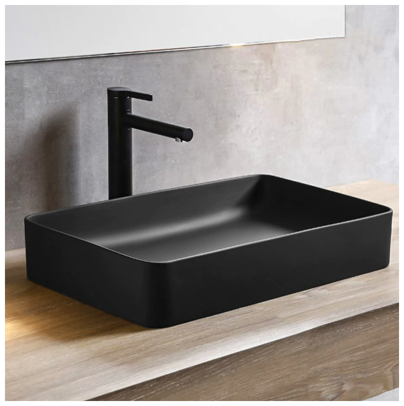 Накладная прямоугольная раковина 61х11,5х35,5см/керамика/черная/для ванны/с аксессуарами - фотография № 6