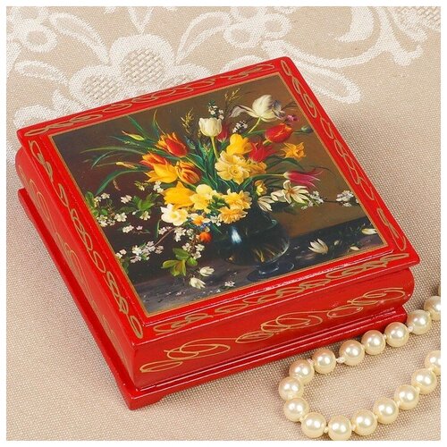 Шкатулка ТероПром 3579572 «Цветы в вазе», красная, 10х10 см, лаковая миниатюра