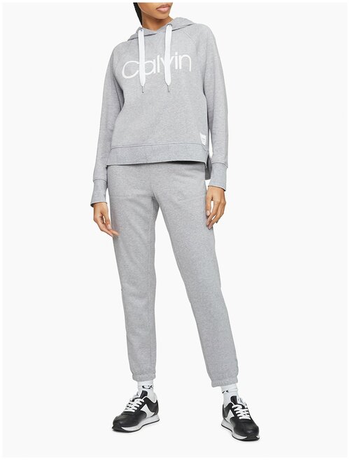 Худи Calvin Klein XL серое с белым лого на груди, белые завязки без флиса Performance Boxy Fit Logo Hoodie