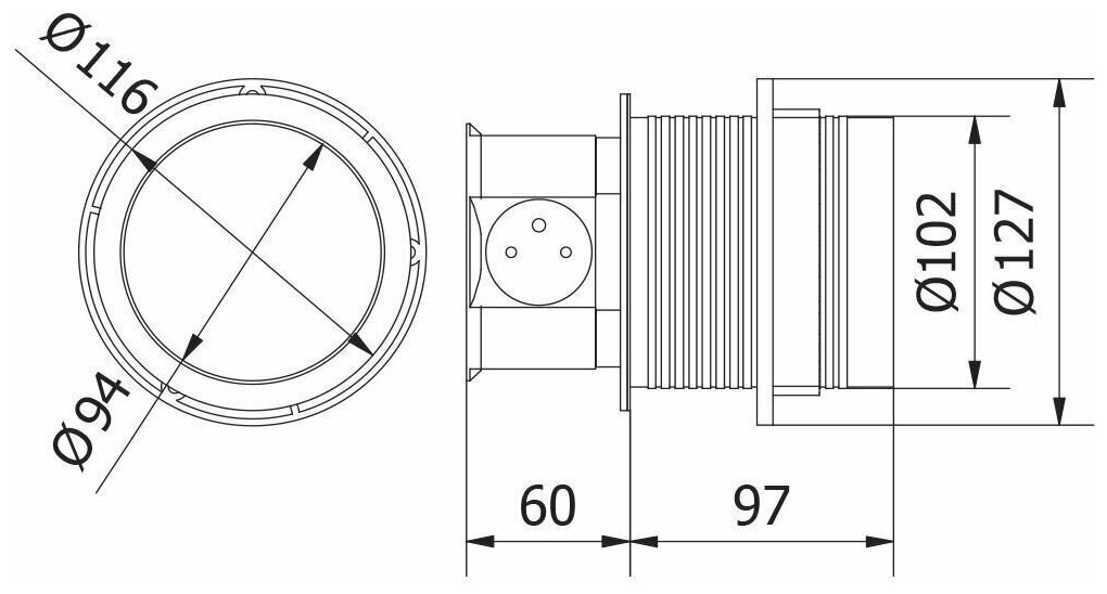 Удлинитель круглый врезной 3 розетки COMFORT (Schuko) 2xUSB 2,4A, провод 1,5м, алюминий GTV - фото №2