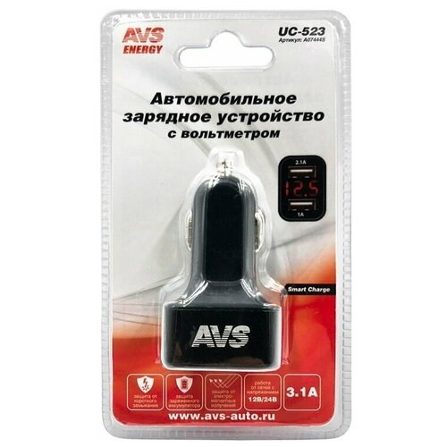 USB автомобильное зарядное устройство AVS 2 порта UC-523 (3А, черный) с вольтметром