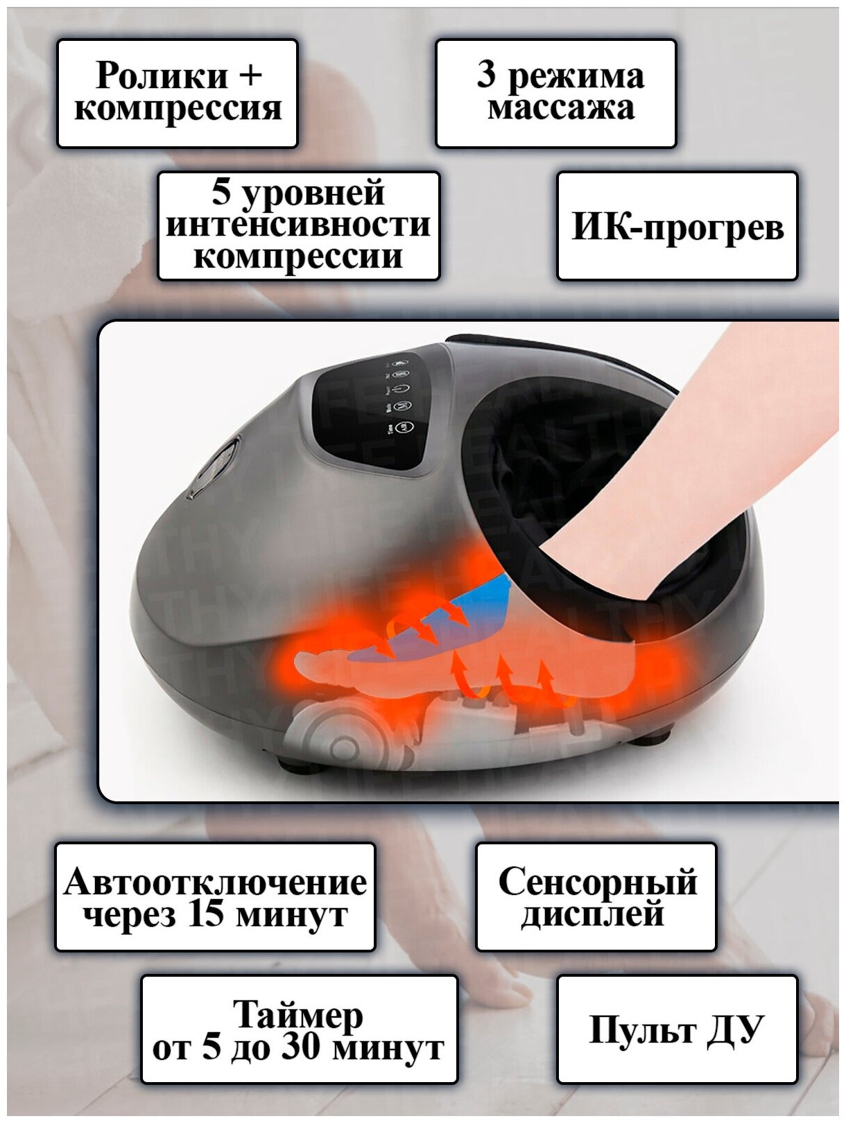 Электрический массажер для ног с ИК-прогревом/ роликово-компрессионный / массаж шиацу (черный)