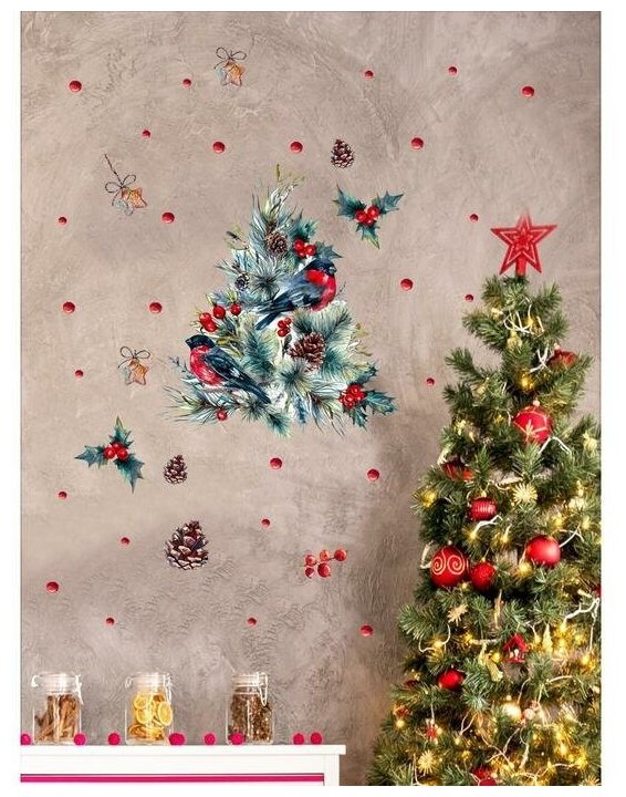 Новогодние интерьерные наклейки VEROL "Новогодняя елка и снегирь" наклейки на стену для декора виниловые наклейки на окна декоративные наклейки для интерьера пленка самоклеящаяся оформление праздника снежинки украшения на Новый год 2022