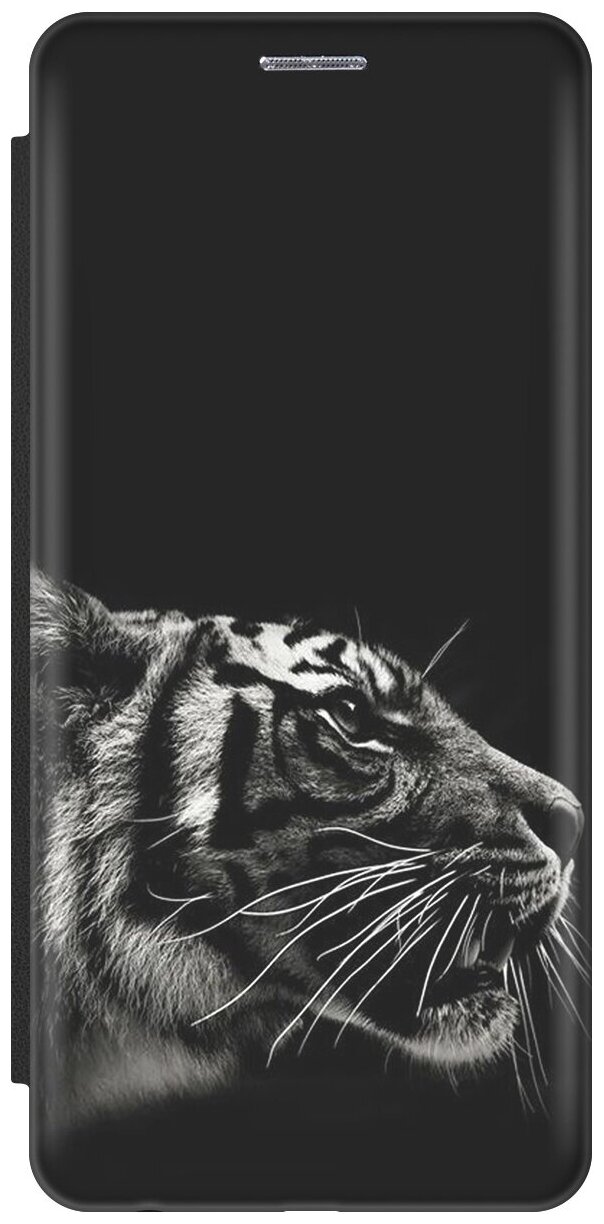Чехол-книжка на Apple iPhone XR / Эпл Айфон Икс Эр с рисунком "Профиль тигра в темноте" черный