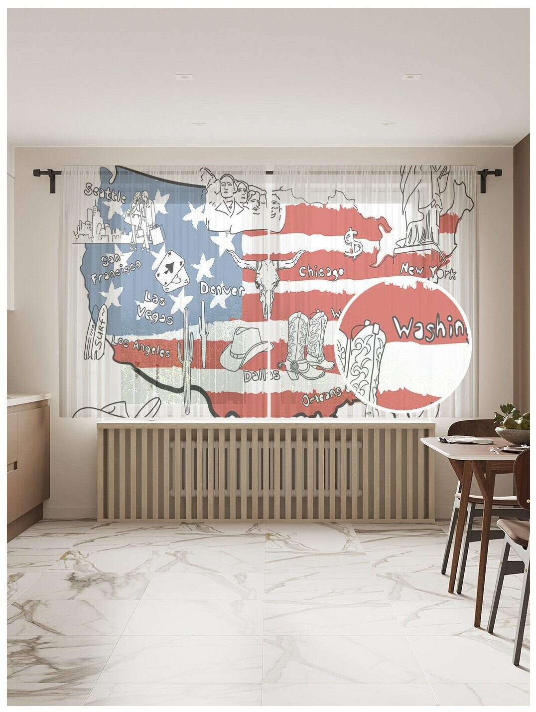 Тюль для кухни и спальни JoyArty "Американское государство", 2 полотна со шторной лентой шириной по 145 см, высота 180 см.