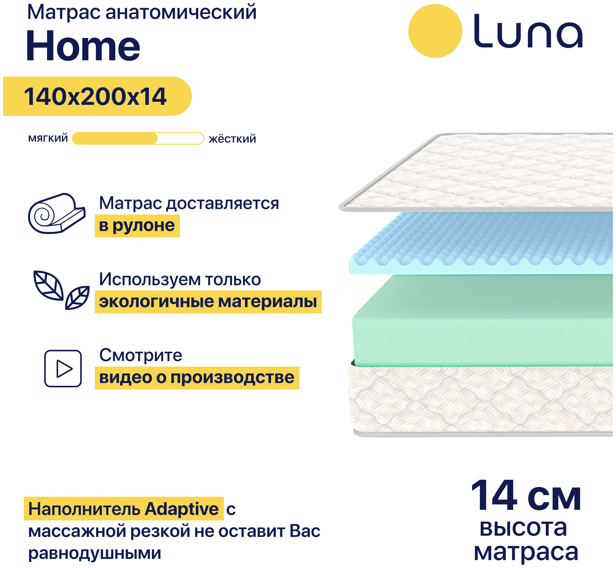 Матрас ортопедический Luna Home 140х200 см беспружинный, двухсторонний, гипоаллергенный, анатомический, высота 14 см