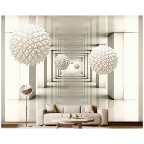 Фотообои на стену флизелиновые 3D Модный Дом Белые игольчатые шары в зале с колоннами 2 400x300 см (ШxВ)