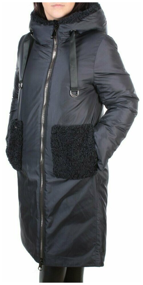 Куртка  зимняя, удлиненная, силуэт прямой, капюшон, карманы, размер 48, черный, синий