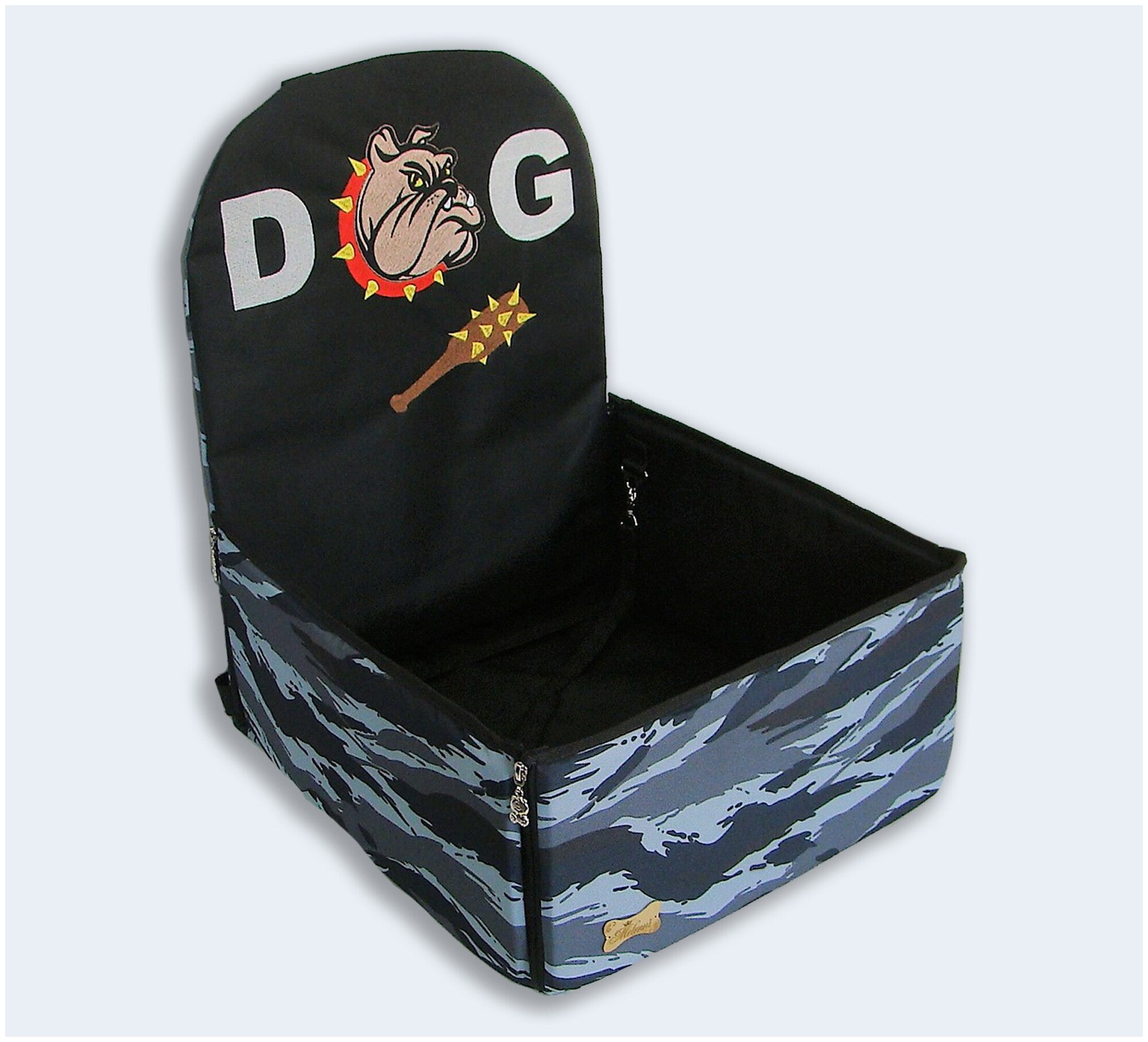 Автогамак для животных Melenni Стандарт Злой бульдог 4 серый камуфляж/черный 45x45x57(высота спинки)x21(высота бортов)см