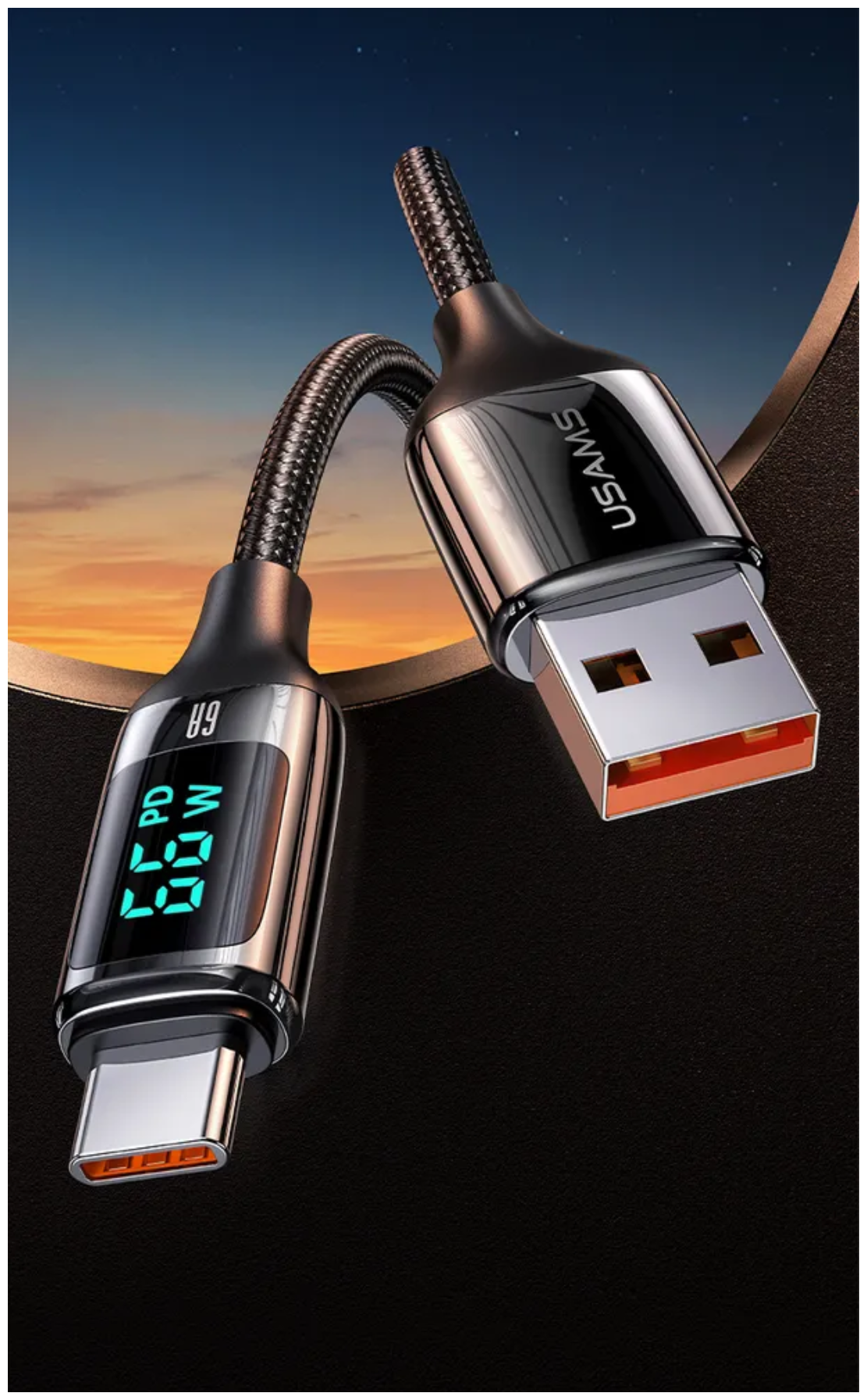 Кабель usb type-c для быстрой зарядки 66W 1.2 метра / Data кабель с цифровым дисплеем USAMS US-SJ544 U78