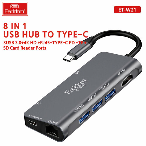 Earldom HDMI 3USB Type C PD SD TF Card Reader Silver 5490₽