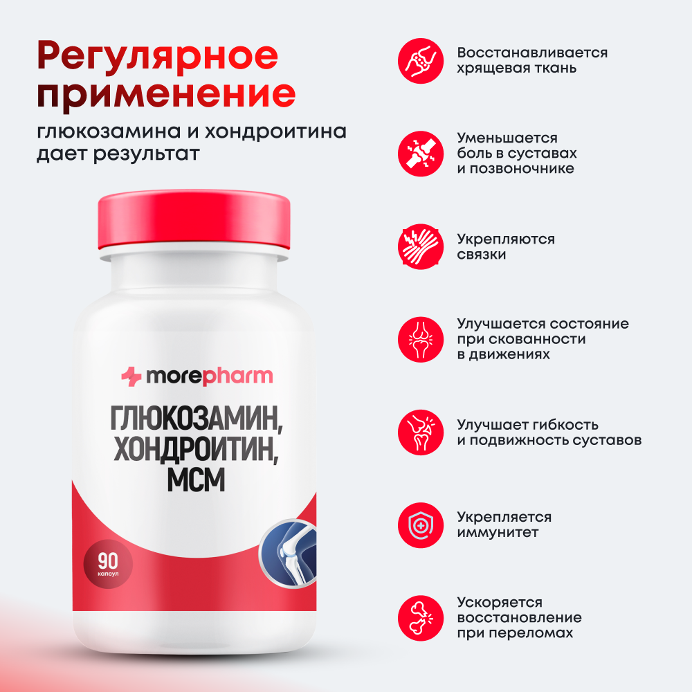 Изображение БАД Morepharm "Глюкозамин Хондроитин МСМ", для суставов и связок, капсулы, 90 штук