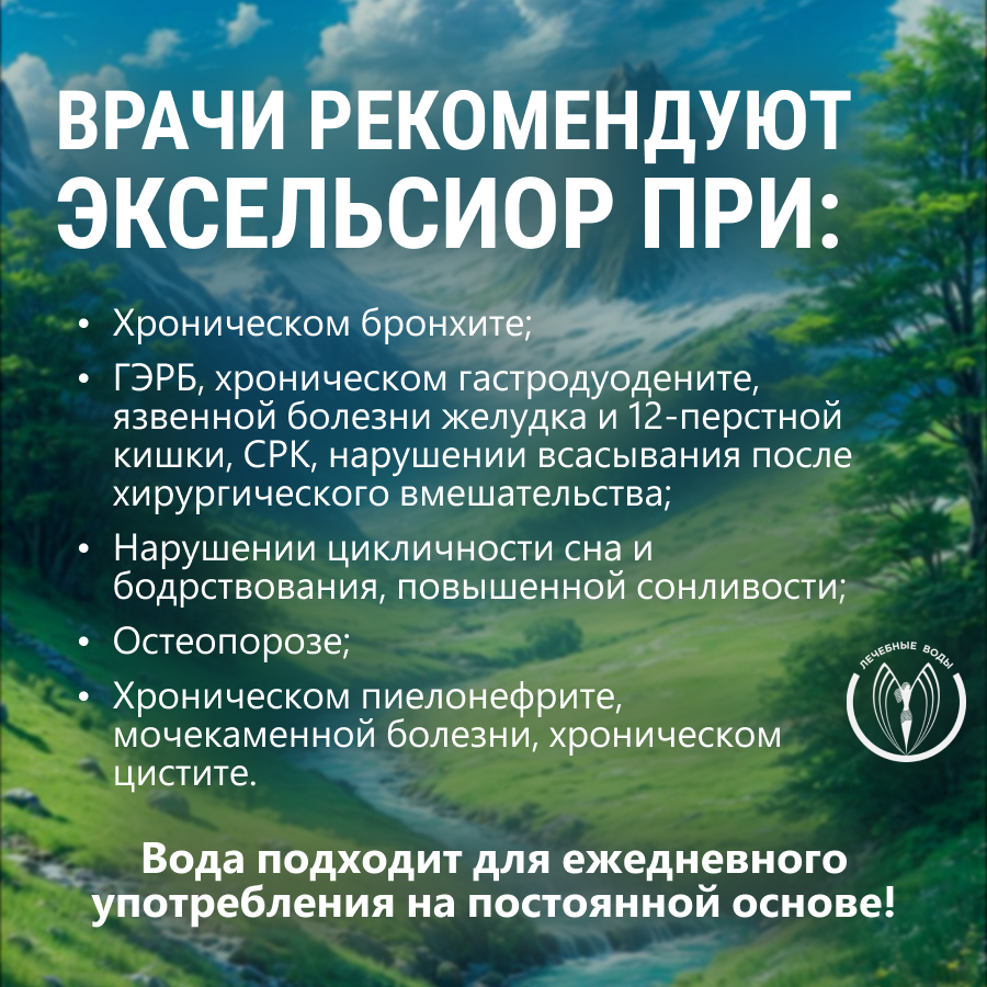 Изображение Минеральная вода Эксельсиор (EXCELSIOR) лечебно-столовая, с кальцием и магнием 2:1, 0,5л*12шт