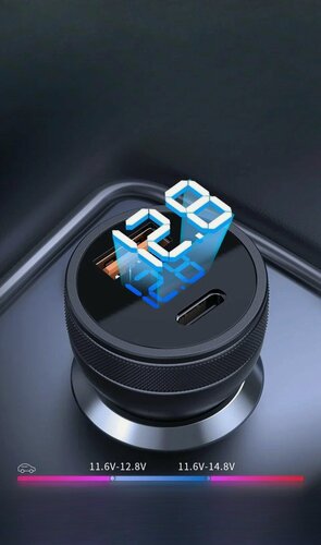 Изображение товара Автомобильное зарядное устройство для зарядки смартфонов с быстрой зарядкой 55 Вт / 2 разъема USB Type-A и USB Type-C / Цифровой дисплей с показанием вольтметра