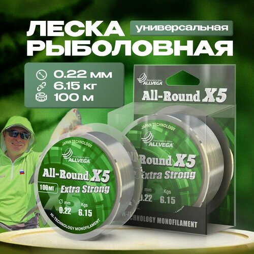 Монофильная леска ALLVEGA ALL-ROUND X5, 100 м, 6.2 кг, прозрачный, 1 шт.