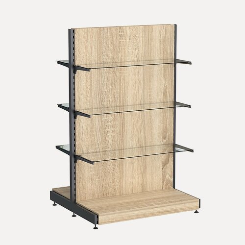 Изображение товара Стеллаж торговый металлический островной с наполнением ЛДСП "графф" №8-1.65-1С с полками из стекла, Дуб Сонома