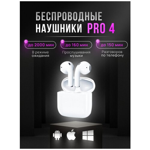 Наушники беспроводные pro 4 tws bluetooth для айфона андроида белые 82900₽
