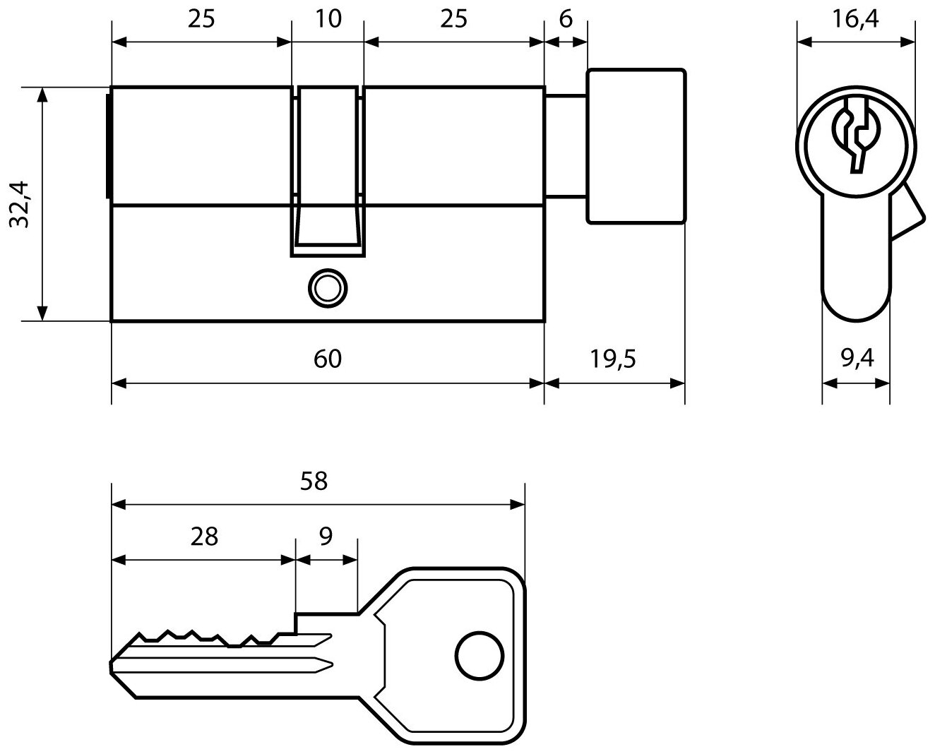 Цилиндровый механизм (личинка замка) 60 мм с вертушкой для врезного замка Стандарт Z. I.60В-5K BP, 5 ключей