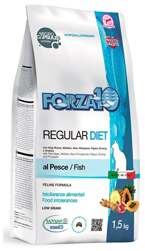 Корм Forza10 Diet (гипоаллергенный) для кошек при пищевой аллергии, с рыбой (с микрокапсулами), 1,5 кг - фотография № 1