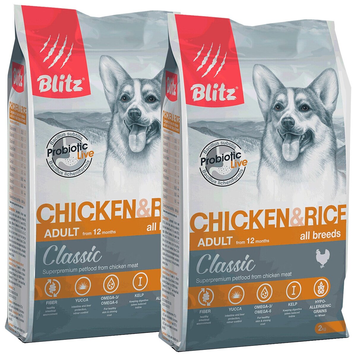 BLITZ CLASSIC ADULT ALL BREEDS CHICKEN & RICE для взрослых собак всех пород с курицей и рисом (2 + 2 кг)