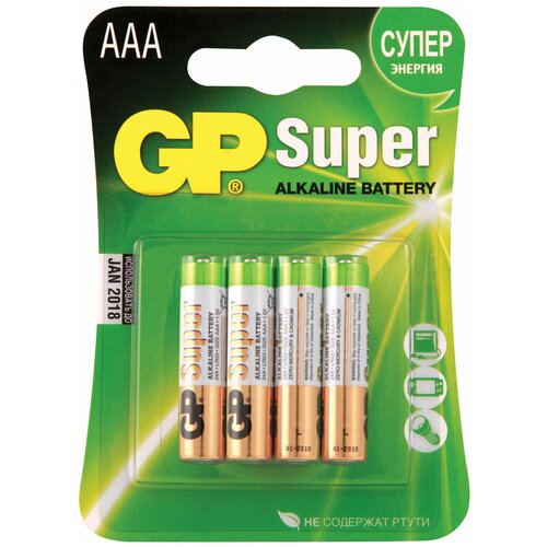 Батарейки комплект 4 шт, GP Super, AAA (LR03, 24А), алкалиновые, мизинчиковые, блистер, 24A-2CR4 батарейка gp super aaa lr03 24a алкалиновая bc2