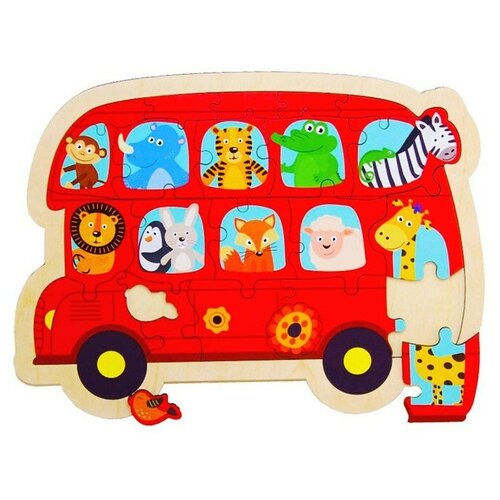 фото Пазл-вкладыш в рамке турбо детки "автобус с животными", 32*23 см