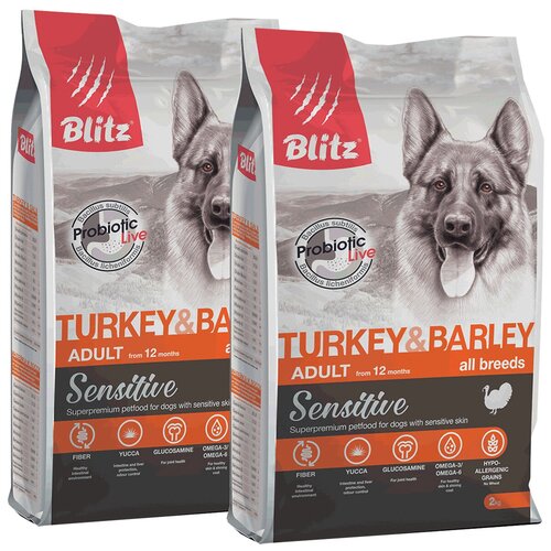 BLITZ SENSITIVE ADULT ALL BREEDS TURKEY & BARLEY для взрослых собак всех пород с индейкой и ячменем (2 + 2 кг)