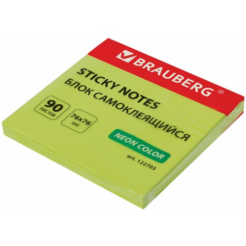 Набор 2 шт. Блок самоклеящийся (стикеры), BRAUBERG, неоновый, 76×76 мм, 90 листов, зеленый, 122703