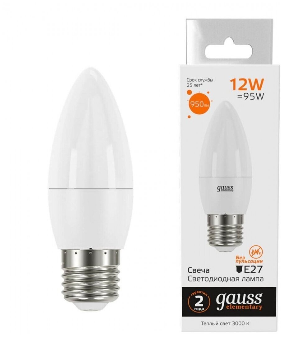 Лампа Gauss Elementary Свеча 12W 950lm 3000K E27 LED 1/10/100 30212