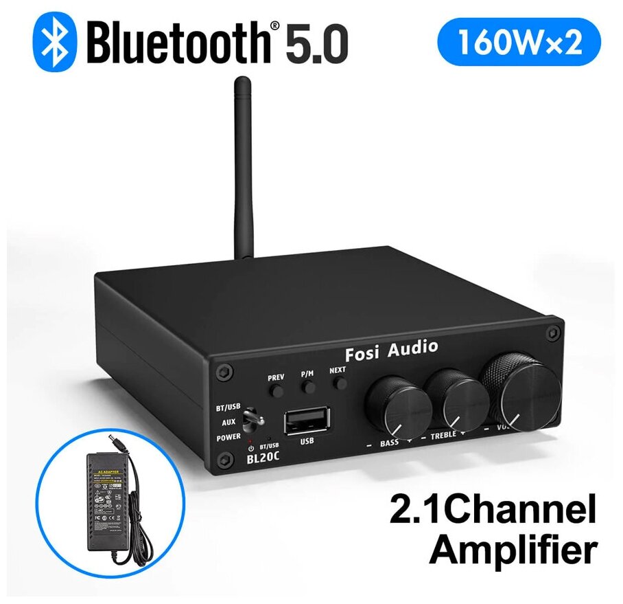 Fosi Audio BL20C Bluetooth HiFi 2.1 Усилитель 160 Вт x 2 + USB класс D