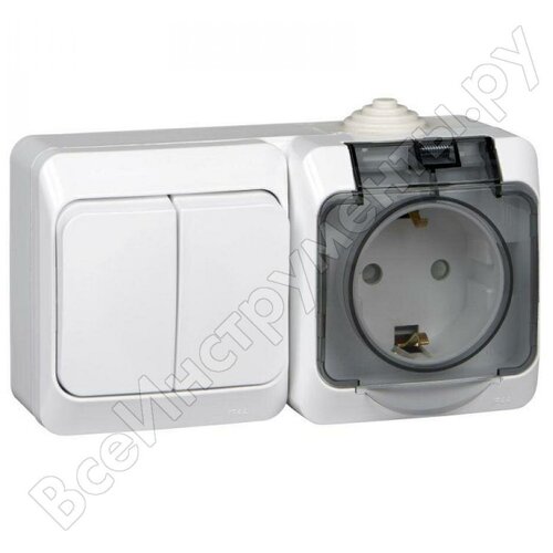 Блок выключатель двухклавишный + розетка с заземлением со шторками IP44 белый этюд Systeme Electric BPA16-242B