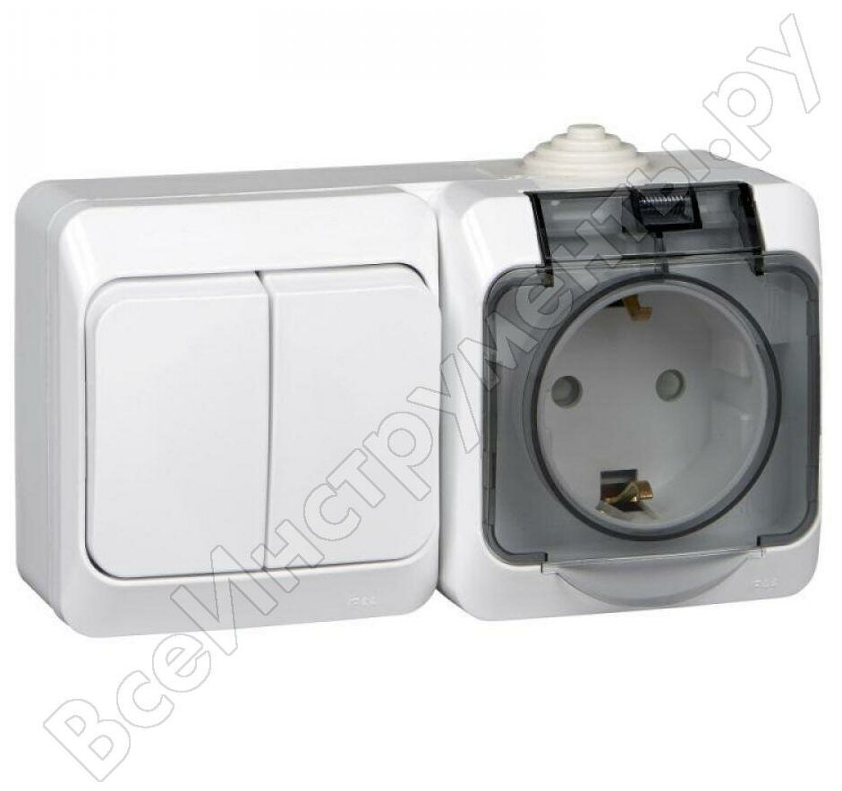 Блок выключатель двухклавишный + розетка с заземлением со шторками IP44 белый этюд Systeme Electric BPA16-242B